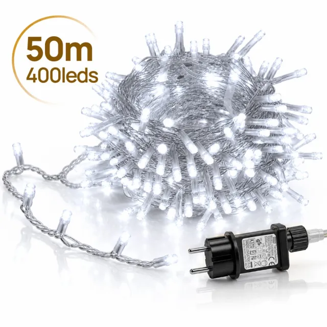 LAPAMAX LED Lichtsnoer - Kerstverlichting 50 m 400 LEDs Wit - Zonder Tail Plug - 31 V Laagspanning met Timer, Geheugen en 8 Lichtstanden - Kerstboomverlichting met Adapter en 3 m Aanloopsnoer