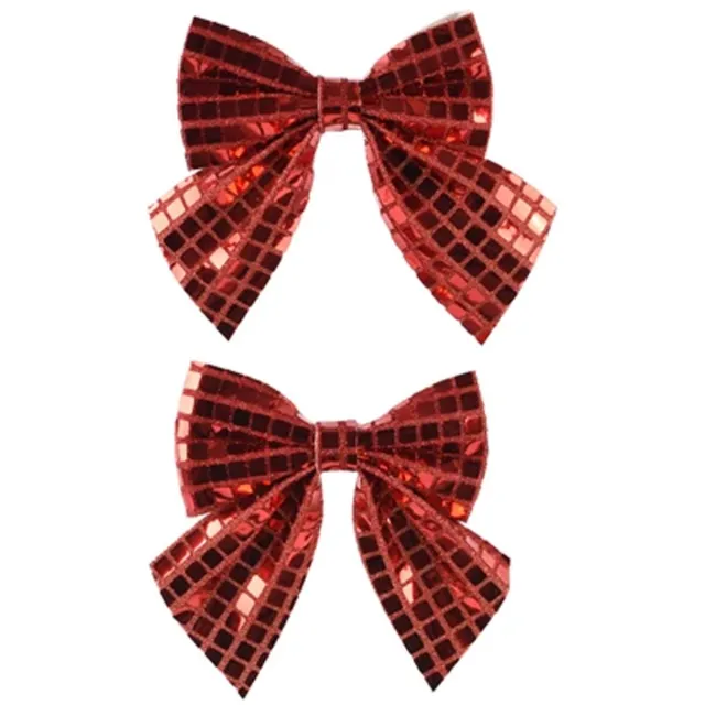 Decoris Kerstornamenten strikken - 2x - rode pailletten - 12 x 13 cm - kerstboomstrikjes - kerstboomversiering strikjes rood