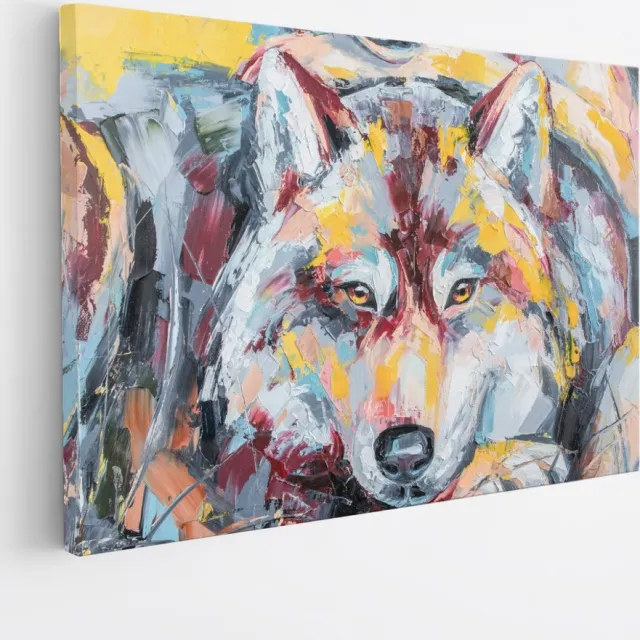 Saammp Canvas Schilderij - Abstract Kleurrijke Wolf - Natuur - Dieren - 70x50 - Foto op canvas - Wanddecoratie - Muurdecoratie Woonkamer - Slaapkamer decoratie - Canvas Print Multicolor