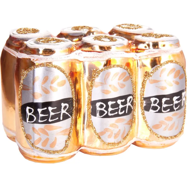 Brubaker Bier In Blik Six-Pack Goud - Handbeschilderde Kerstballen van Glas - Handgeblazen Kerstboomversieringen Figuren Grappige Decoratieve Hangers Boombal - 8 cm Bier blikjes
