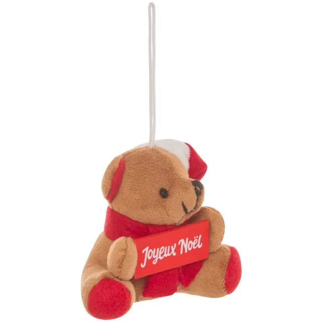 Feeric lights & Christmas Hangende kerstboomversiering in de vorm van een beer met een textielbordje met de tekst 'Vrolijk Kerstfeest', 8 cm Marron