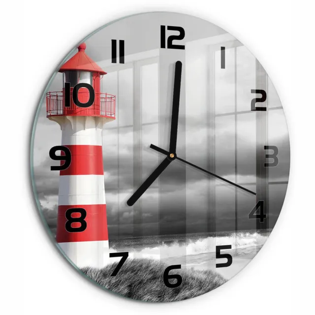 TULUP Wandklok - Vuurtoren Wandklok Glas Met Motief - fi30 cm - Rood Decoratieve Glazen Klok - Zwarte handen - Ronde Klok - Gekleurde Glazen Klok - Glazen Klok Met Print