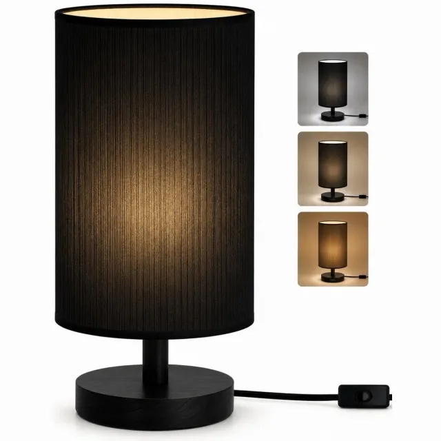 Sounix Tafellamp voor Nachtkastje - 3 Lichtkleuren 3000K/4000K/6000K - Inclusief E27 LED Lamp - Ronde Stoffen Lampenkap - Zwart Zwart Ronde