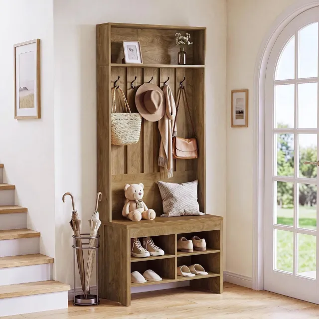 Little Trees LITTLE TREE Multifunctionele Entree Organizer - 180 cm Hoog - Kapstok met Bank, 5 Haken en 4 Opbergvakken - Voor Hal, Woonkamer en Bijkeuken - Lichtbruin