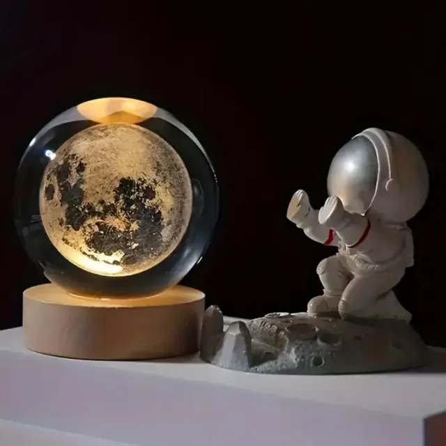 Mazaico 3D Kristallen Maanbol Nachtlamp - LED Glazen Hologram Lamp met Massief Houten Voet - Nachtlamp - Cadeau Idee - Verlichting - USB Aansluiting - Huisdecoratie transparant-maan