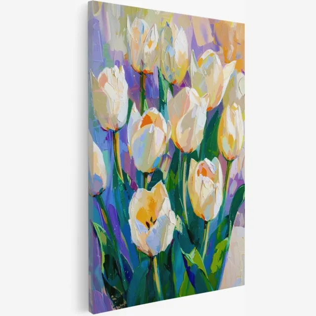 Saammp Canvas Schilderij - witte tulpen - bloemen - Abstract - 75x100 - Foto op canvas - Wanddecoratie - Muurdecoratie Woonkamer - Kantoor Decoratie