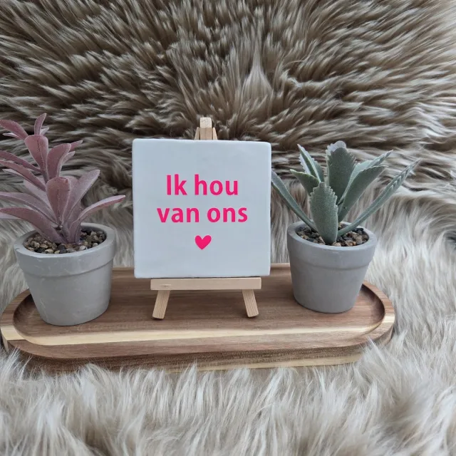 CreaCraft Robuust Wenstegeltje – Ik Hou van Ons – Hip trendy tegeltje – 10x10 cm – Cadeau voor Partner, Valentijn of Jubileum – Stijlvol en Persoonlijk Woonaccessoire - Zomaar - Voor jezelf - Deco – Trendy nu – Decoratief Tegeltje met Standaard – Cadeau Idee Wit/Fel roze