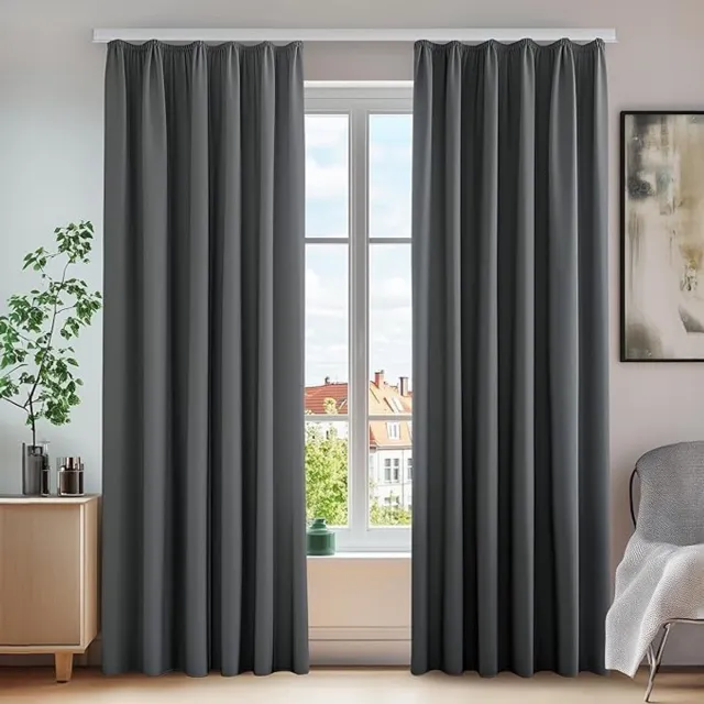 Famanu Set van 2 dikke verduisteringsgordijnen voor woonkamer - met rimpelband - winter - 245 x 140 cm (hoogte x breedte) - donkergrijs