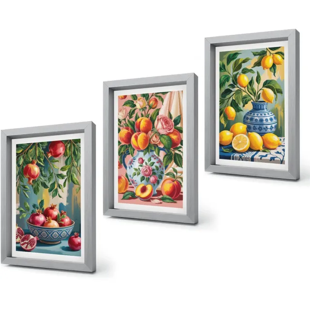 Coloray 4-Delige Schilderij Set - Fruitcomposities met granaatappels, citroenen en perziken - 20 x 30 cm - Wanddecoratie - Schilderijen Set - Interieur - Woonkamer Decoratie Zilveren lijst