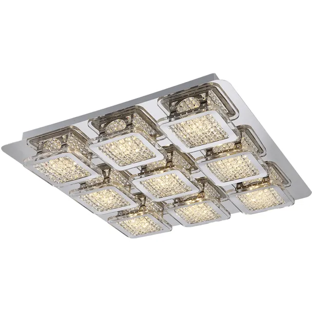 Globo Plafondlamp moderne woonkamerlamp LED designlamp kristallen hoekig, metaal, kunststof, LED 45W 4950lm 3000K warm wit, LxBxH 40x40x6,5 cm zilver