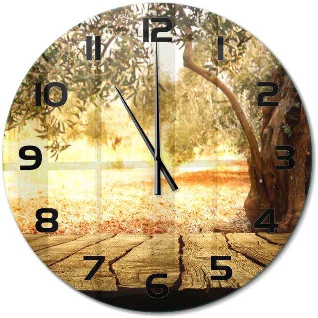 TULUP Wandklok - Olijfboom Glazen Wandklok Design - fi60 cm - Bruin Klok Glas Met Opdruk - Zwarte handen - Ronde Klok - Wandklok Glas Met Motief - Decoratieve Glazen Klok