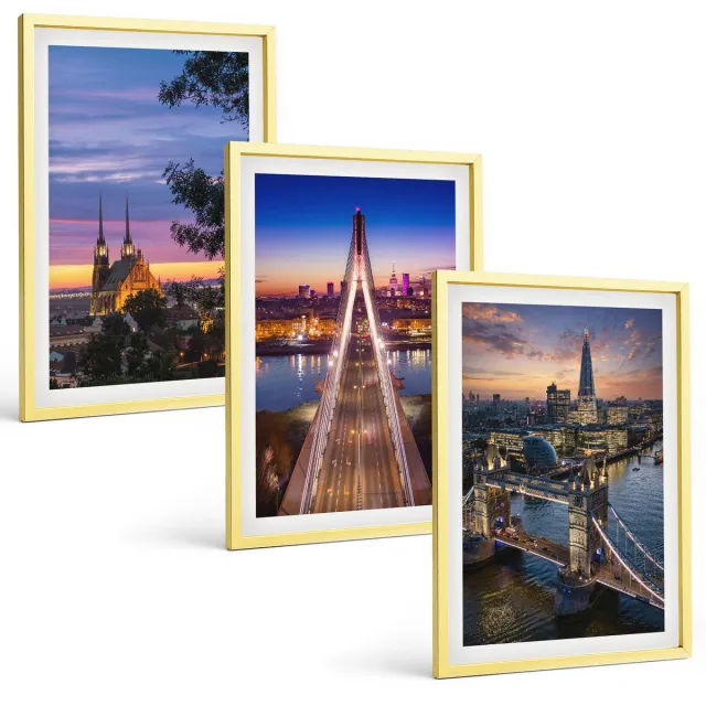 Coloray 3-Delige Schilderij Set - Japanse Natuur En Cultuur In Japandi-Stijl - 40 x 40 cm En 40 x 60 cm - Muurdecoratie - Wanddecoratie - Slaapkamer - Moderne Wanddecoratie Gouden lijst