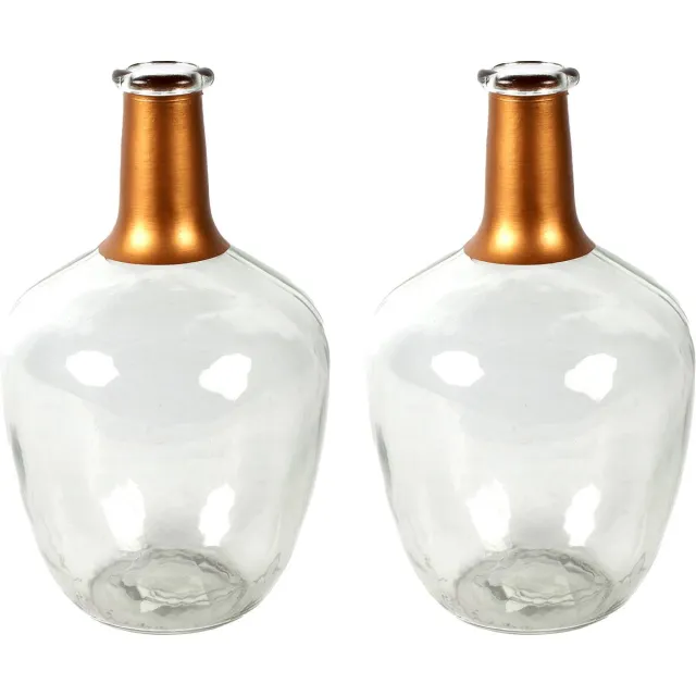 Countryfield Bloemenvaas Firm Big Bottle - 2x - helder transparant/koper - glas - D15 x H25 cm