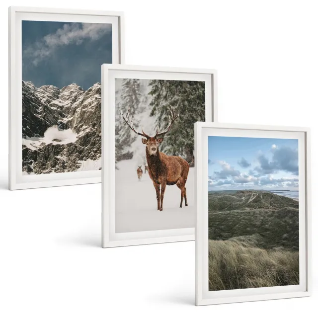 Coloray 3-Delige Schilderij Set - Bergen Met Sneeuwherten In Boslandschappen - 40 x 60 - Moderne Wanddecoratie - Woonkamer Witte lijst