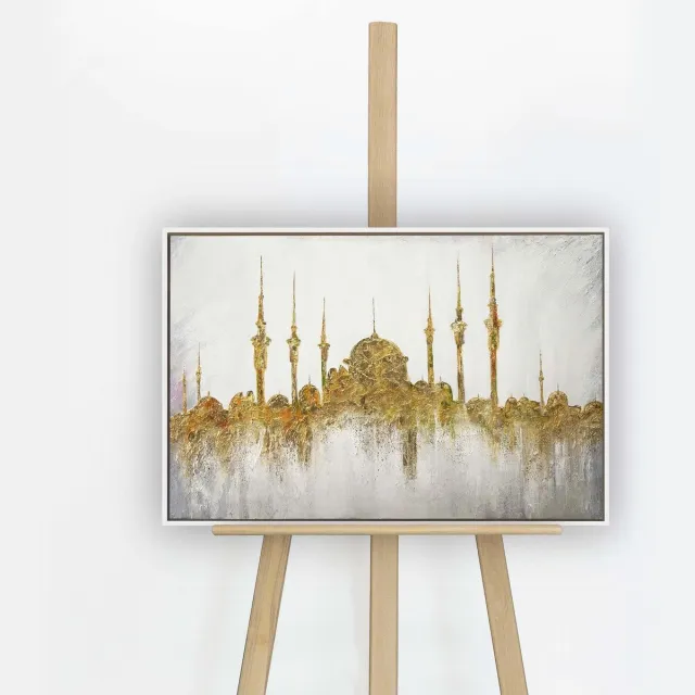 YS Schilderij "Moskee" - Handgeschilderd canvas schilderij - Wanddecoratie Moderne kunst - Goud - Reli?f - Muurdecoratie woonkamer - Slaapkamer decoratie - Kamer accessoires - Schilderijen op canvasmetlijst White 60x40
