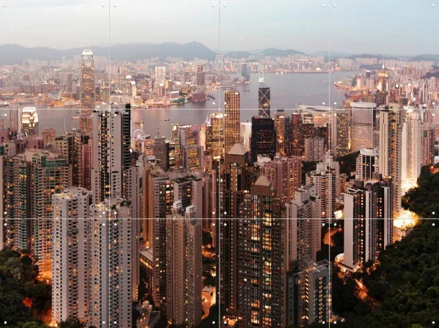 IXXI HongKong Skyline, Claire Droppert - 80 x 60 cm - Grote wanddecoratie en posters - Fotografie, Realisme, Studeerkamer, Woonkamer, Slaapkamer Bruin / Blauw / Oranje