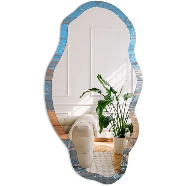 Coloray Houtstructuur Spiegel - Blauw Elegante Rechthoekige Wandspiegel - Organische Spiegel - Woonkamer, Kantoor, Hal - Rustiek - 45x90 cm - Totale afmeting 52x97 cm Houtnerfstructuur, Blauw
