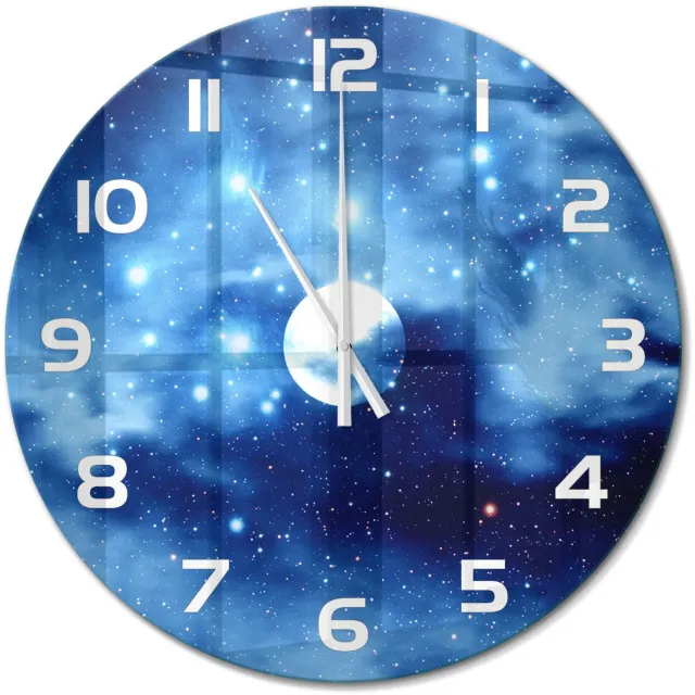 TULUP Wandklok - Volle maan Wandklok Glas Decoratie - fi60 cm - Blauw Gekleurde Glazen Klok - Witte handen - Ronde Klok - Klok Glas Met Opdruk - Moderne Wandklok Glas
