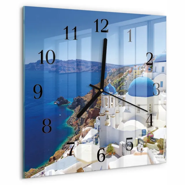 TULUP Wandklok - Santorini Moderne Glazen Wandklok - 30x30 cm - Blauw Wandklok Glas Met Motief - Zwarte Handen - Vierkante Wandklok - Decoratieve Glazen Klok - Glazen Wandklok Design Blauw - Santorini