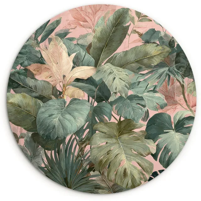 WallCircle Wandcirkel 150x150 cm - Muurcirkel Compositie van bladeren - Groen - Roze - Muurdecoratie woonkamer - Wanddecoratie slaapkamer - Kamer decoratie accessoires - Ronde schilderijen Bladeren - Compositie