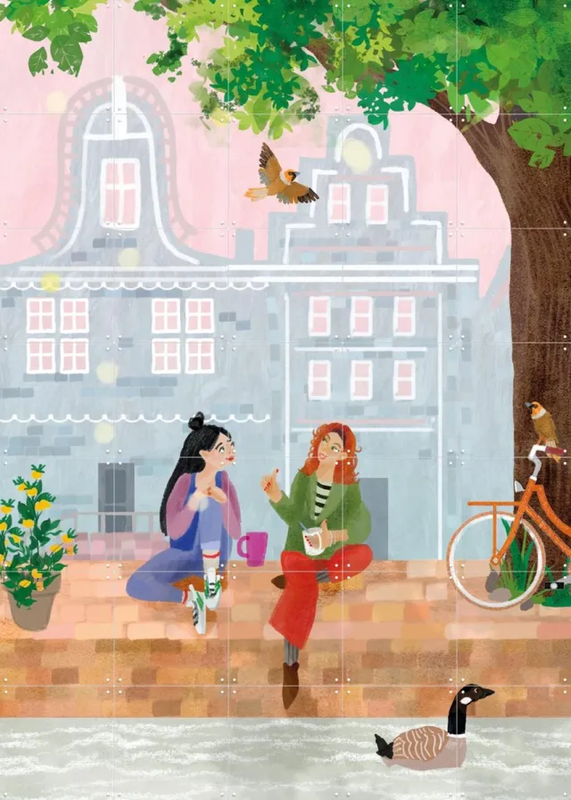 IXXI Samen koffie, Esther Sepers - 100 x 140 cm - Grote wanddecoratie en posters - Digitale Kunst, Cartoonesk, Illustraties, Studeerkamer, Woonkamer Roze