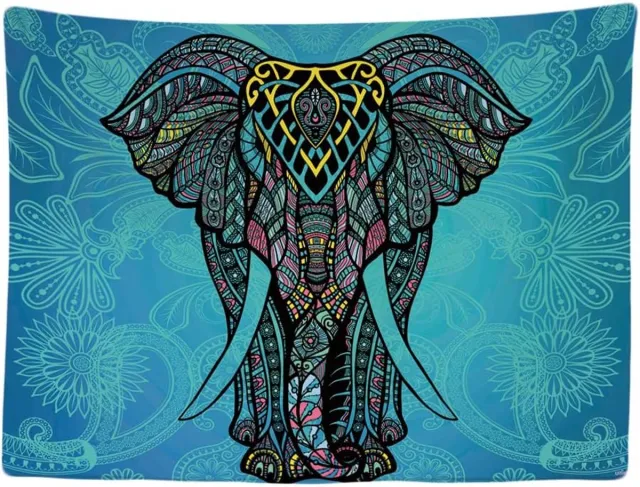 Ulticool Wandkleed 200x150 cm - Olifant Beeld Bohemian Ibiza Style - voor Binnen - Wandtapijt Stof Poster Decoratie Aesthetic Room Decor Mandala Yoga Hippie Boho Blauw Veelkeurig