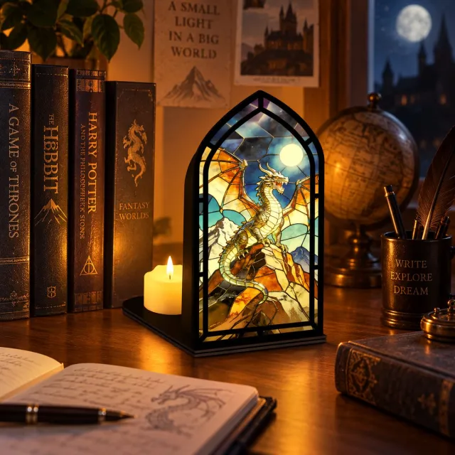 Namajunas Drake Bibliotheeklantaarn - Decoratieve boekenplankverlichting - Bibliotheeklantaarn - Retropatronen - Boekenkast leeslampjes voor boekenwurmen - Boekenlegger - Antieke - boekenhoeklamp - Sfeerlamp(LED-kaars) zwart