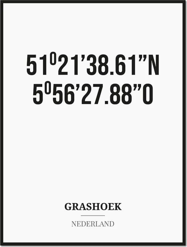 Studio216 Poster/kaart GRASHOEK met coördinaten zwart, wit