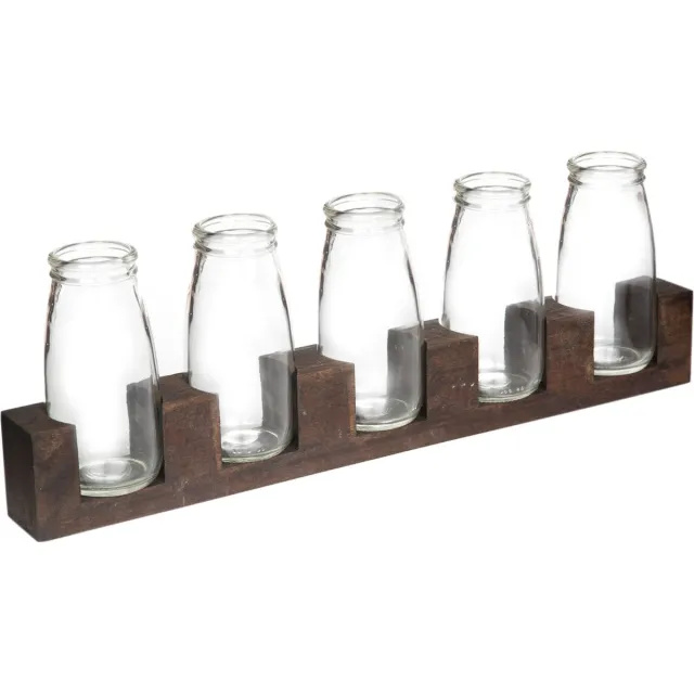 Joy Kitchen glazen vaas met houten standaard - set van 5 | tafel decoratie | vaas glas | houten voet | bloemenvaas | glazen vaasje | vaas glas transparant | glazen pot 5 vazen