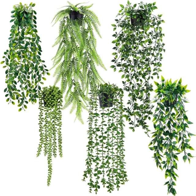 Ibenzoa Set van 6 levensechte hangplanten voor binnen- en buitendecoratie Groen