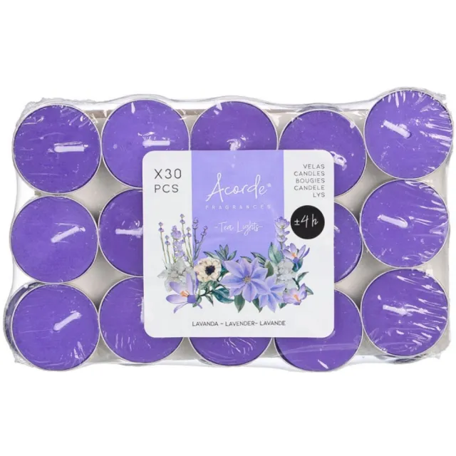 Acorde theelichtjes - lavendel geur - 30x - paars - waxinelichtjes/geurkaarsen - 3 branduren Lavender paars
