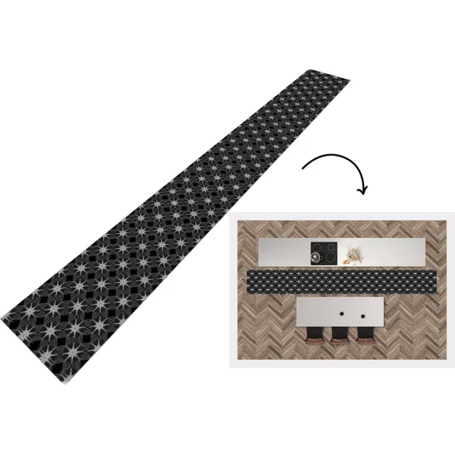 KitchenYeah Keukenloper - Keukenmat - Kompas - Patronen - Zwart Wit - 400x50 cm - Keuken vloerkleed Zwart; Wit