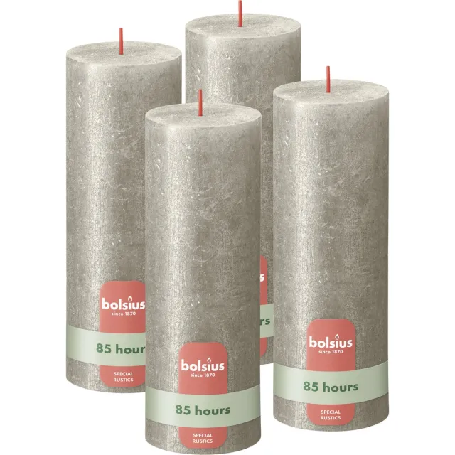 Bolsius Rustieke kaars Shimmer - 4 Stuks - Metallic Champagne Zilver - 19cm - 85 branduren Metallic zilver/champagne