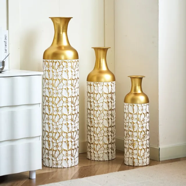 COVREO Vaas set van 3 84,99 cm goud wit metaal bloemenmotief binnen buiten Goud/Wit