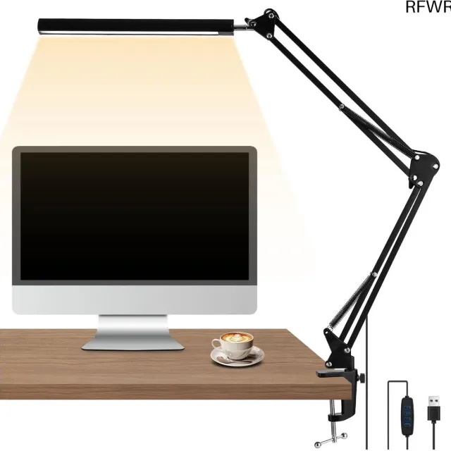 RFWR Moderne Led-bureaulamp met 3 Modi en 10 Niveaus - Klemlamp voor Lezen, Werken en Studeren Zwart