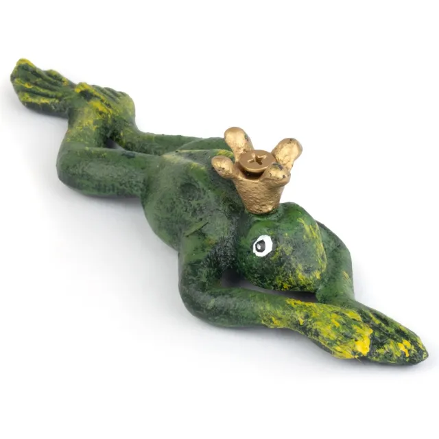 Moritz Tuinbeeld Kikker met Kroon - Gietijzer - 17 cm lang - Groen Goud Antiek - Kikkerbeeld en dierenbeeld liggend met gouden kroon - Geschikt voor binnen en buiten - Tuindecoratie voor border, terras, vijverrand en vensterbank - 1 stuk groente