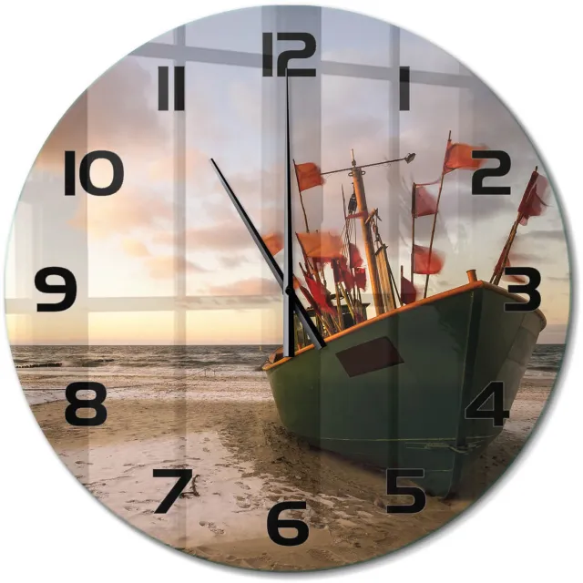 TULUP Wandklok - Strand met vissersboten Gekleurde Glazen Klok - fi60 cm - Groente Glazen Klok Met Print - Zwarte handen - Ronde Klok - Moderne Wandklok Glas - Wandklok Glas Decoratie