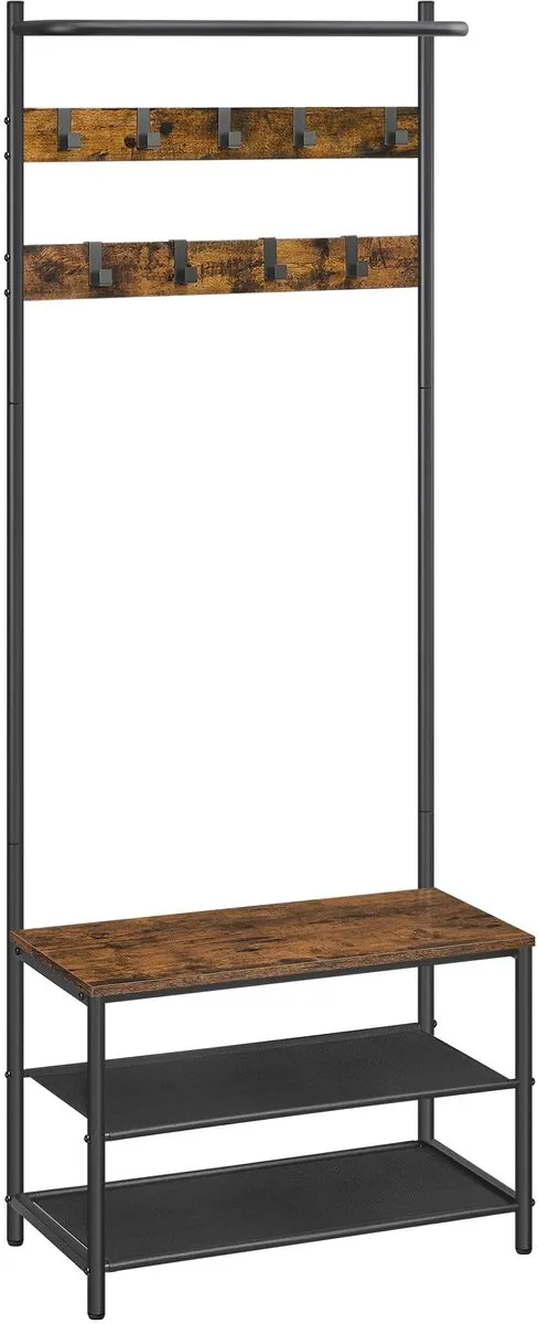 MokoHub Kapstok met schoenenrek - Schoenenrek - Kapstok - 9 afneembare haken - 32,2x64x180 cm - Zwart & hout
