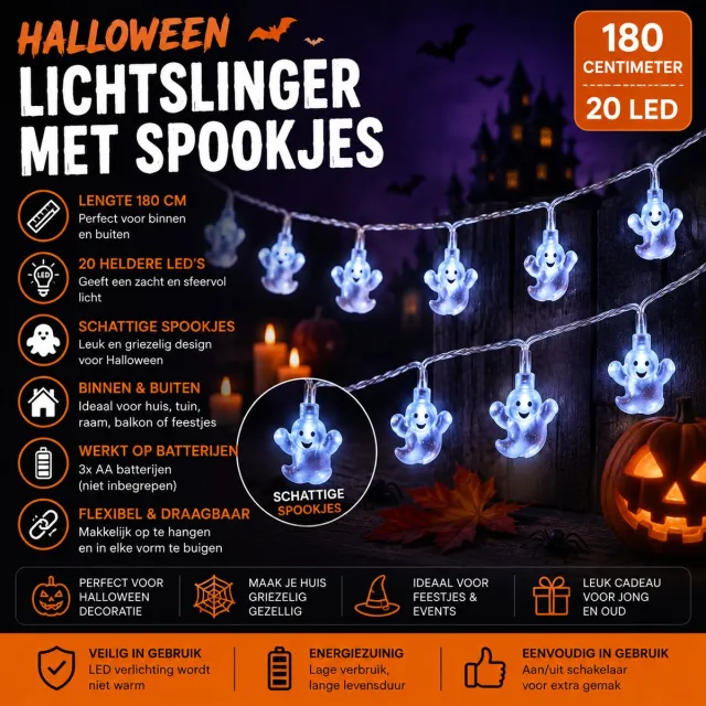 EventMusthaves Lichtslinger met Spookjes Halloween - 180 centimeter - 20 led