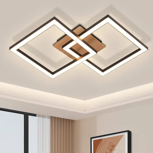 NETTLIFE Plafondlamp LED - Hout - 2 Lichts - vierkant - 3000K Warm wit Licht - modern Woonkamerlamp - voor Slaapkamer | Keuken | Gang - 24W Zwart