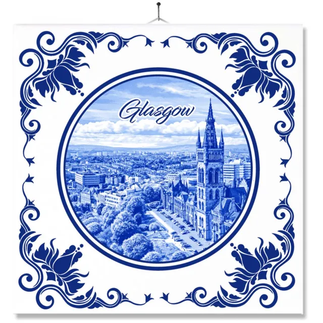 MC Living Tegel Met Opdruk | Glasgow | Delft Blauw | Cadeau | Inclusief Geschenkdoos | Standaard | Ophangsysteem Multi-Color