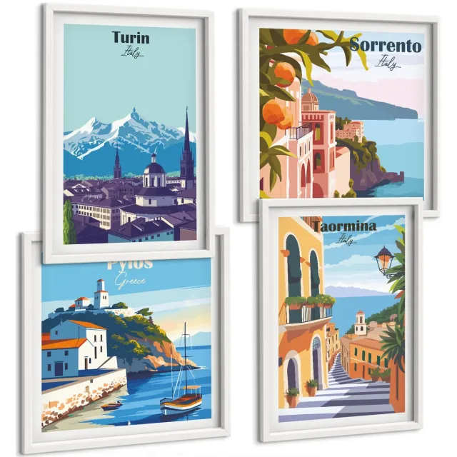 Coloray 4-Delige Schilderij Set - Kleurrijke, Illustratieve Stadsgezichten In Retrostijl - 40 x 40 En 40 x 60 - Muurdecoratie - Interieur Decoratie - Moderne Wanddecoratie Witte lijst