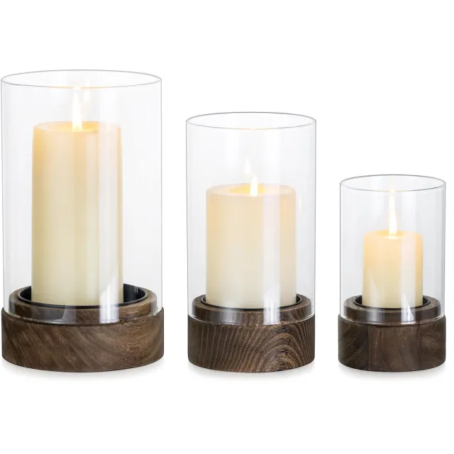 Famanu Set van 3 vintage glazen windlichten voor tafeldecoratie buiten, cilinders met houten bodem, ideaal voor boho rustieke decoratie Bruin