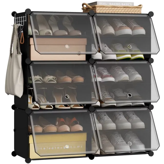 UrbanSelect Schoenenkast - Schoenendozen - Opvouwbaar - Handige Zijhaken - 6 Ruime Vakken - Metalen Frame - 80x30x90 - Zwart