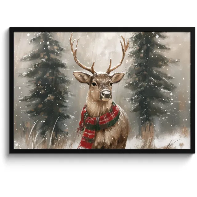FrameYourWall Poster in lijst - Fotolijst 90x60 cm - Posters - Winter - Bos - Rendier - Donker - Posterlijst zwart - Decoratie - Wanddecoratie woonkamer - Muurdecoratie slaapkamer