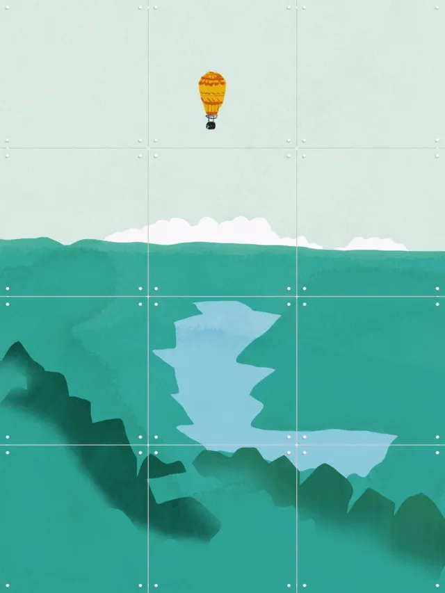 IXXI Hot Air Balloon Wanderlust, Little Dean & Various - 60 x 80 cm - Grote wanddecoratie en posters - Digitale Kunst, Kleurrijk, Abstract Blauw / Geel / Groen