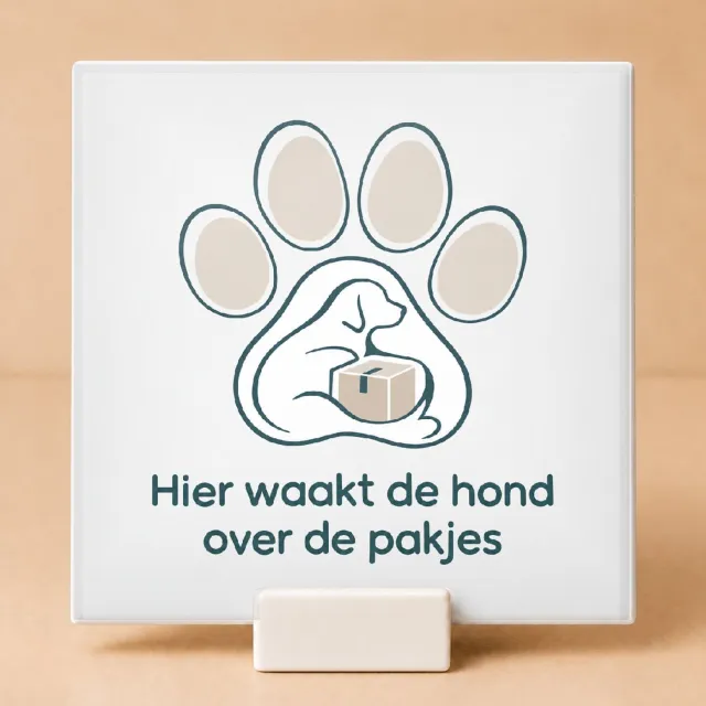 Bedruk King Sfeervolle One-Line Art Tegel 'Hier waakt de hond / over de pakjes' – Minimalistische Kerstdecoratie voor Huisdierliefhebbers - 15 x 15 cm met houder Wit