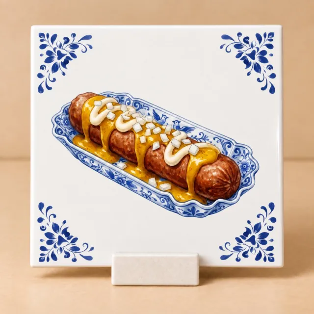Bedruk King Delftsblauw Tegeltje 11x11 Frikandel Speciaal met Houdertje – Cadeau voor Snackliefhebber of Cafetariafan Wit