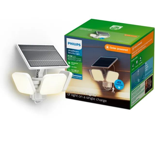 Philips UltraEfficient Zyren Wandlamp - Solar Beveiligingslamp - Floodlight - Bewegingssensor - Helder wit licht: 3000K - 24,5W - Wit - Twee lichtstanden - Schemersensor - Zonne-energie - Waterbestendig