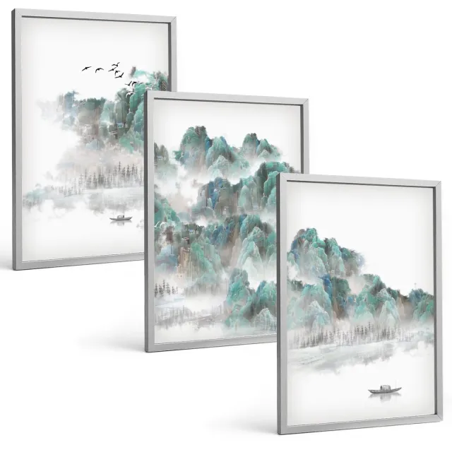 TULUP 4-Delige Schilderij Set - Bergen in de wolken met vogels en een boot op het water. Japandi - 40 x 60 cm - Moderne Wanddecoratie - Slaapkamer - Stijlvolle Muurdecoratie Zilveren lijst